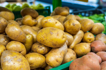 Potato. Healthy food in the market. Diets and proper nutrition. Background