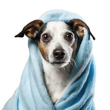 A displeased Jack Russell dog wrapped in a blue towel ready for a spa or shower isolated on a transparent background