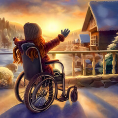 Watercolor illustration of a young disabled girl in a wheelchair