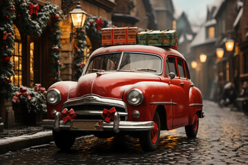 Fototapeta na wymiar vintage car with christmas gifts on the roof