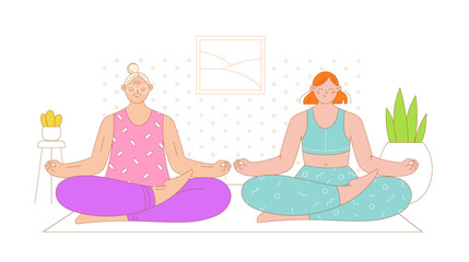 Mother and daughter practicing meditation at home together. Flat outlined colorful vector illustration.