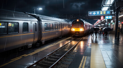train in station, raining at night - Generative AI