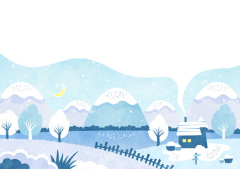 雪景色と吹き出しの冬の背景フレーム 自然と湖畔の家の水彩風景イラスト