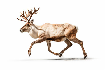 Caribou isolated on a white background running. Animal left side view portrait.