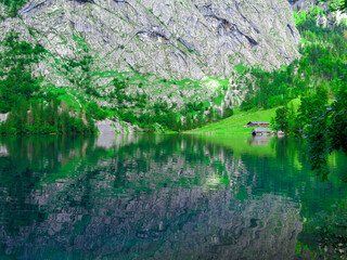 Lake Obersee, Berchtesgaden, Bavaria, germany. Nature landscape, reserve national park. Spectacular view Alps mountain and Lake Obersee. Konigsee panorama. 