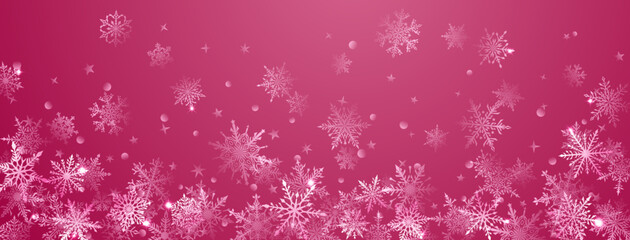 Christmas background of beautiful complex big and small snowflakes in pink colors. Winter illustration with falling snow