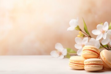 Obraz na płótnie Canvas Delicious macaroons and spring blossom on white wooden table, background with copy space
