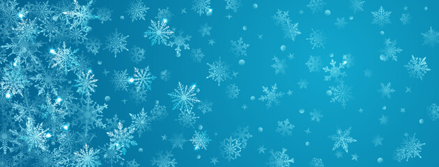 Christmas background of beautiful complex big and small snowflakes in blue colors. Winter illustration with falling snow