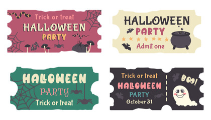 Set of Halloween tickets template with color text.Traditional hand drawn coupon and invitation. Cute ghost, silhouette of bat, spider, witch’s potion cauldron, cobweb, pumpkin. Vector illustration