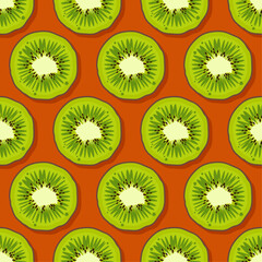 Kiwi fruit pattern. Trendy bright design exotic fruits on orange background. Fresh juicy green Hawaiian fruits. Vector illustration for wallpapers,textile, web, app, notebooks, case, wrapping paper