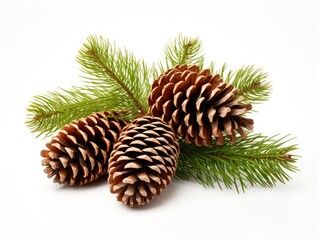 Spruce branch featuring a set of mature pine cones, great for design elements and seasonal projects.