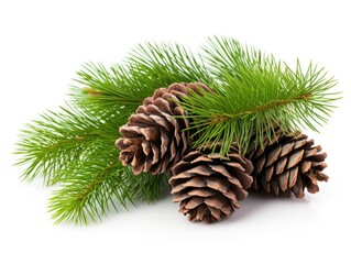 Crisp and clear capture of spruce needles paired with brown cones, apt for nature designs and festive materials. - obrazy, fototapety, plakaty