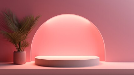 Ambient Lighting Abstract Minimalistic Product Podium. The Scene for Product Presentation. 3D Room with Geometric Platform Stage Pedestal. Ai Generated Podium Mockup for a Product advertisement.