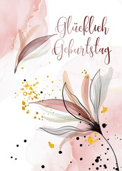 Karte oder Banner, um alles Gute zum Geburtstag in Rosa auf weißem Hintergrund mit rosa und grauem Blattwerk in der Zeichnung zu wünschen