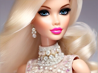 Beautiful blond woman doll with pearl earrings and pink lips.
