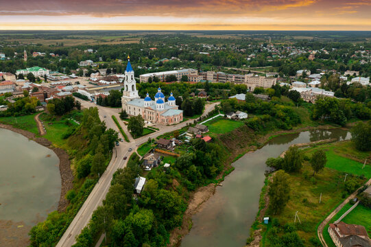 Aerial view of Kashin city with Resurrection Cathedral and Kashinka river, Tver region, Russia