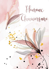 carte ou bandeau pour souhaiter un heureux anniversaire en rose sur un fond blanc avec des feuillages de couleur rose et gris en dessin