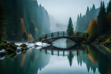 morning in the forest with an arch shaped bridge