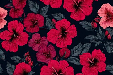 abstract quad-tone a solid hibiscus and rose blooming arrangement with medium color, all over vector design with dark solid background illustration digital image for textile printing factory