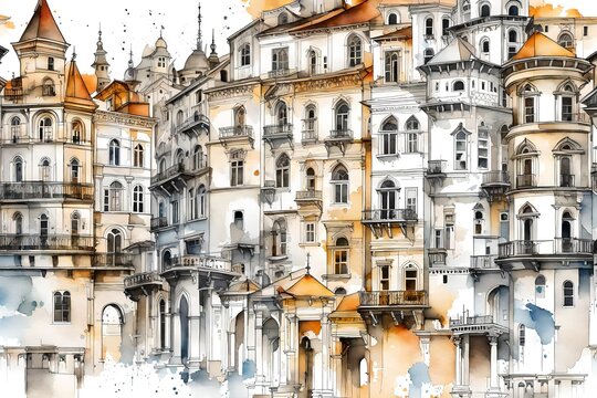 Watercolor landscape of the old city. Art illustration, seamless background. Vintage, monochrome drawing, abstract splash of paint,ink, silhouettes of houses, buildings. Stylish drawing of the city