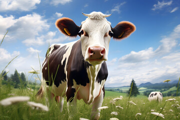  cow on green grass with blue sky