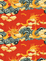 Chinese style seamless wallpaper design with gold dragons in the cloud.	