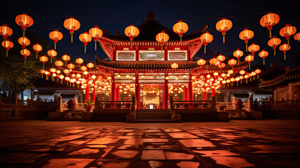 Obraz premium Traditional Chinese Buddhist Temple at night illuminated for the Mid-Autumn festival. Traditional Chinese lanterns display in Temple illuminated for Chinese new year festival