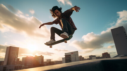 Fototapeta na wymiar Young male skateboarding in skate park in city, extreme sports and outdoor adventure