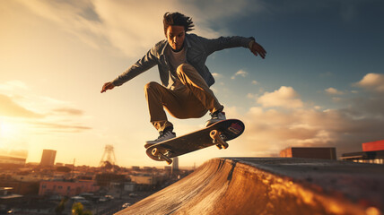 Young male skateboarding in skate park in city, extreme sports and outdoor adventure