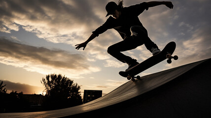 Young male skateboarding in skate park in city, extreme sports and outdoor adventure