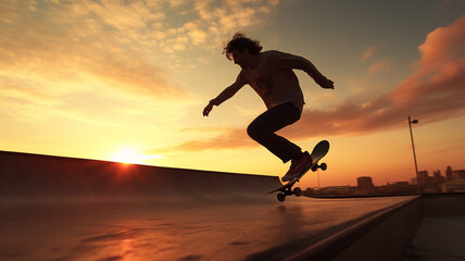 Young male skateboarding in skate park in city, extreme sports and outdoor adventure