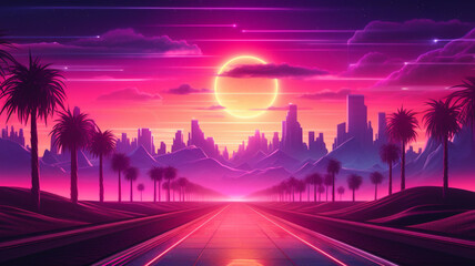 Fototapeta premium Synthwave 3d retro cyberpunk style landscape background banner or wallpaper. Bright neon pink and purple colors, generative ai