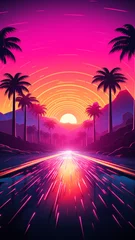 Gordijnen Synthwave 3d retro cyberpunk style landscape background banner or wallpaper. Bright neon pink and purple colors, generative ai © Artofinnovation
