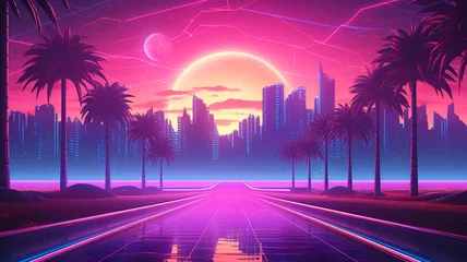 Fototapeten Synthwave 3d retro cyberpunk style landscape background banner or wallpaper. Bright neon pink and purple colors, generative ai © Artofinnovation