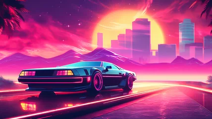 Foto op Canvas Synthwave 3d retro cyberpunk style landscape background banner or wallpaper. Bright neon pink and purple colors, generative ai © Artofinnovation