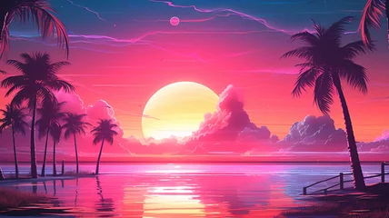 Fotobehang Synthwave 3d retro cyberpunk style landscape background banner or wallpaper. Bright neon pink and purple colors, generative ai © Artofinnovation