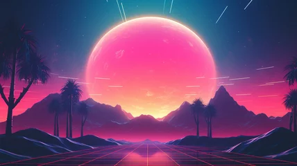Tuinposter Roze Synthwave 3d retro cyberpunk style landscape background banner or wallpaper. Bright neon pink and purple colors, generative ai