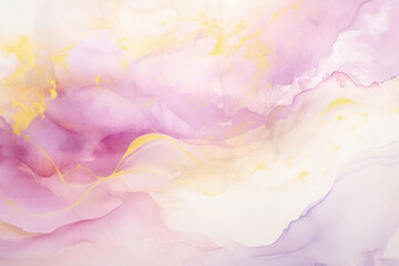 Liquid Gold Magenta Texture. Watercolor Design, Abstract Flow, Pink and Lilac Patterns, Splashes, Spots, Fluidity Waves, Artistic Painting, Elegant Background. Generative AI.