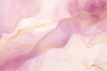 Liquid Gold Magenta Texture. Watercolor Design, Abstract Flow, Pink and Lilac Patterns, Splashes, Spots, Fluidity Waves, Artistic Painting, Elegant Background. Generative AI.
