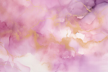 Liquid Gold Magenta Texture. Watercolor Design, Abstract Flow, Pink and Lilac Patterns, Splashes, Spots, Fluidity Waves, Artistic Painting, Elegant Background. Generative AI.