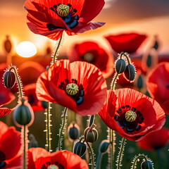 planes flying over a poppy field as the sun goes down  Remembrance Day illustration