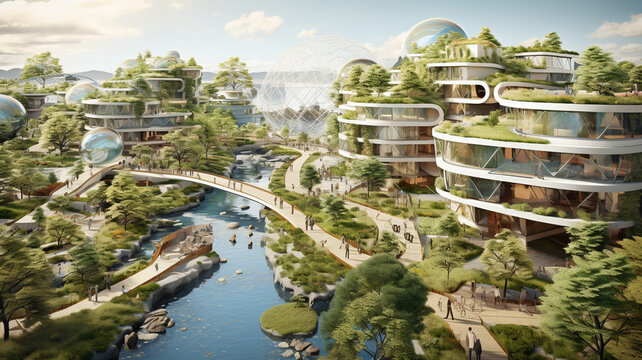Futuristic city showcasing the integration of natural elements within urban environments. The necessity of creating sustainable, green spaces amidst urban development