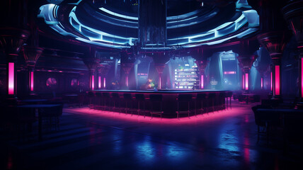 Luxury night club with dancefloor and lounge space, colorful neon spot light