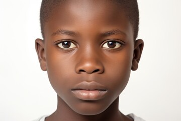 a closeup photo portrait of a beautiful young black african afro american model teen boy looking forward. child ad with copyspace. isolated on white background. Generative AI