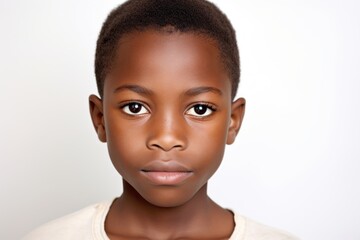 a closeup photo portrait of a beautiful young black african afro american model teen boy looking forward. child ad with copyspace. isolated on white background. Generative AI