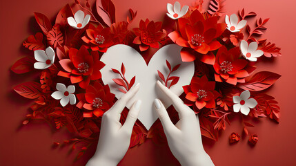Hands decorating a heart with flowers. Love concept. Generative AI