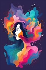 Portrait of a woman dissolving in colors. Mental health. 