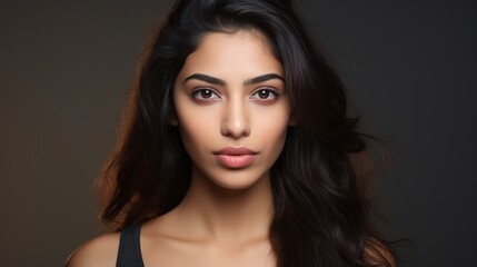 Fototapeta premium Serene Gaze: A young woman with long, dark hair and captivating eyes gazes directly at the camera, exuding confidence and serenity in this close-up portrait.