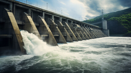 Hydroelectric power dam at river or lake