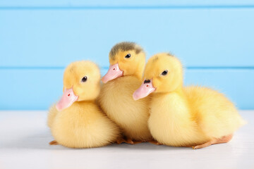 Baby animals. Cute fluffy ducklings on white wooden table near light blue wall